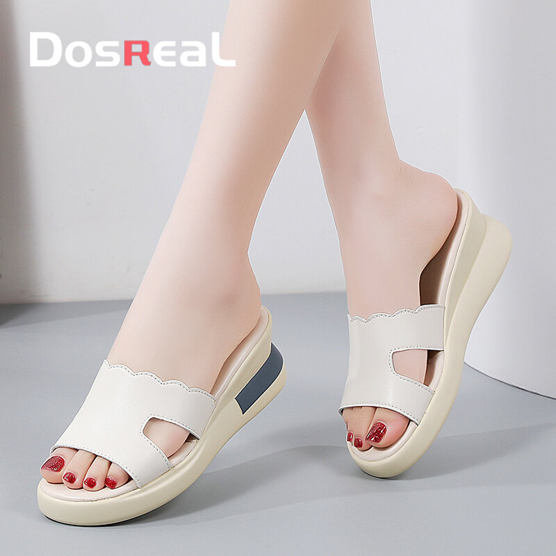 DOSREAL Korean Fashion Peep Toe Leather Wedge sandals Slipers for Women 5.5CM Thick Bottom Wedge Ladies Sandals Casual INS popular Low Price Women Sandal ราคา 429 บาท*ส่งฟรี