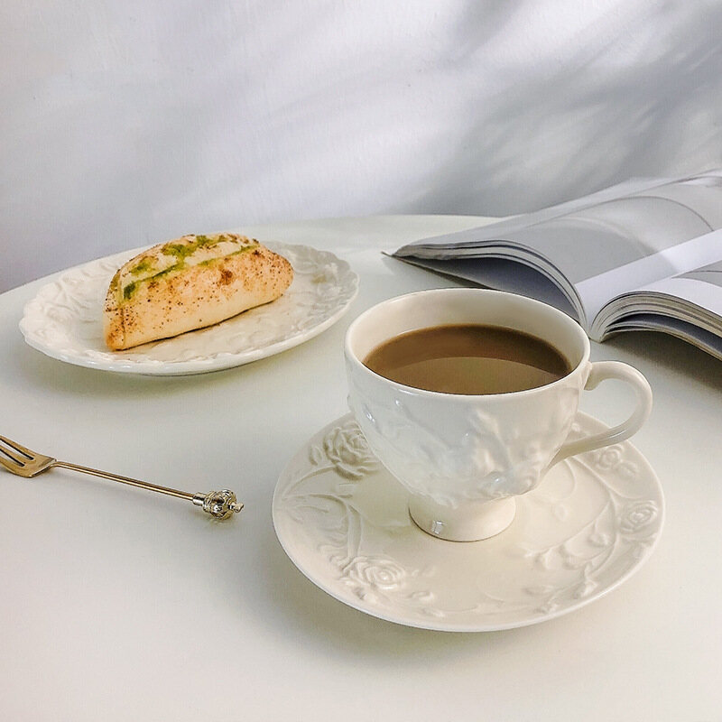 Gambar Cup and Saucer Retro Ceramic Cup and Saucer Set Embossed Dessert Plate Coffee Cup and Saucer Set Pull Flower Cup Afternoon Tea Cup Restaurant