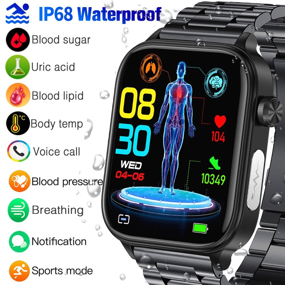 Không xâm lấn đường huyết lipid máu Uric axit ECG Đồng hồ thông minh huyết áp cơ thể kiểm soát nhiệt độ smartwatch cho Nam Nữ cuộc gọi Bluetooth không thấm nước vòng tay thể thao VS et485 et580 et210 e800