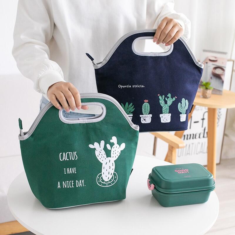 Gambar Thickened Canvas Lunch Bag Women Bring Meals Thermal Handbags Picnic Dessert Drink Snacks Fruit Keep Fresh Storage Pouch Supplie
