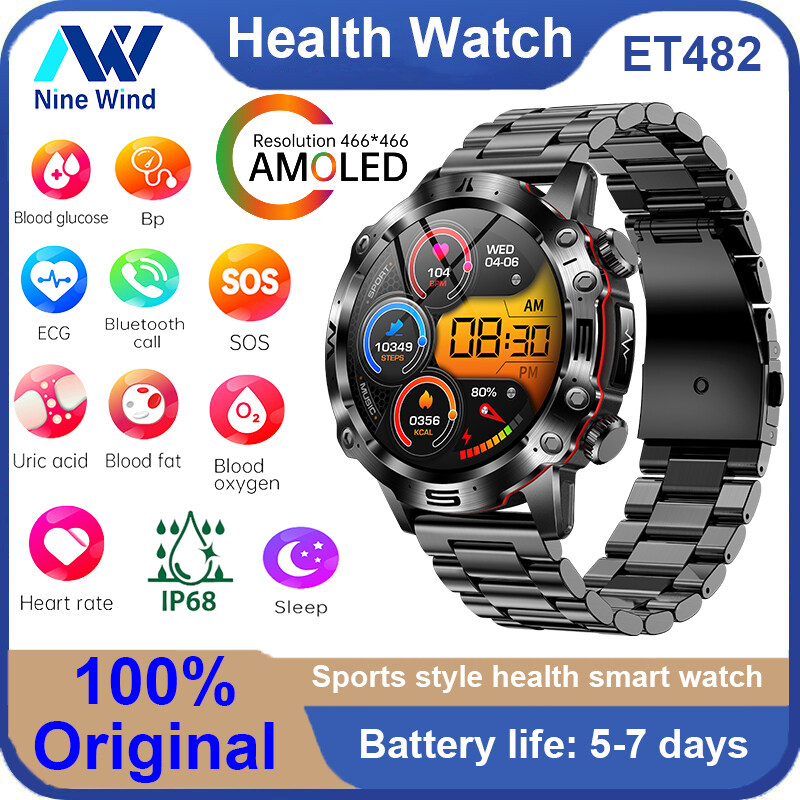 NineWind ET482 smart watch AMOLDE HD ECG Bluetooth call for Android ios non-invasive blood sugar blood pressure Sleep Monitoring foe men women outdoor sports health smart watch