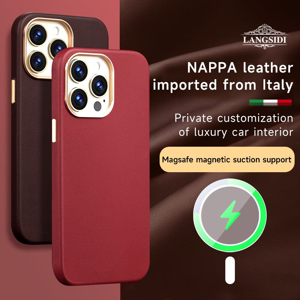 Original Cow Leather for Magsafe Phone Case for Apple iPhone 15 pro max 15 plus 13 pro max 14 Pro Max 14 Plus 12 Pro max Metal Frame Wireless Charging Cover