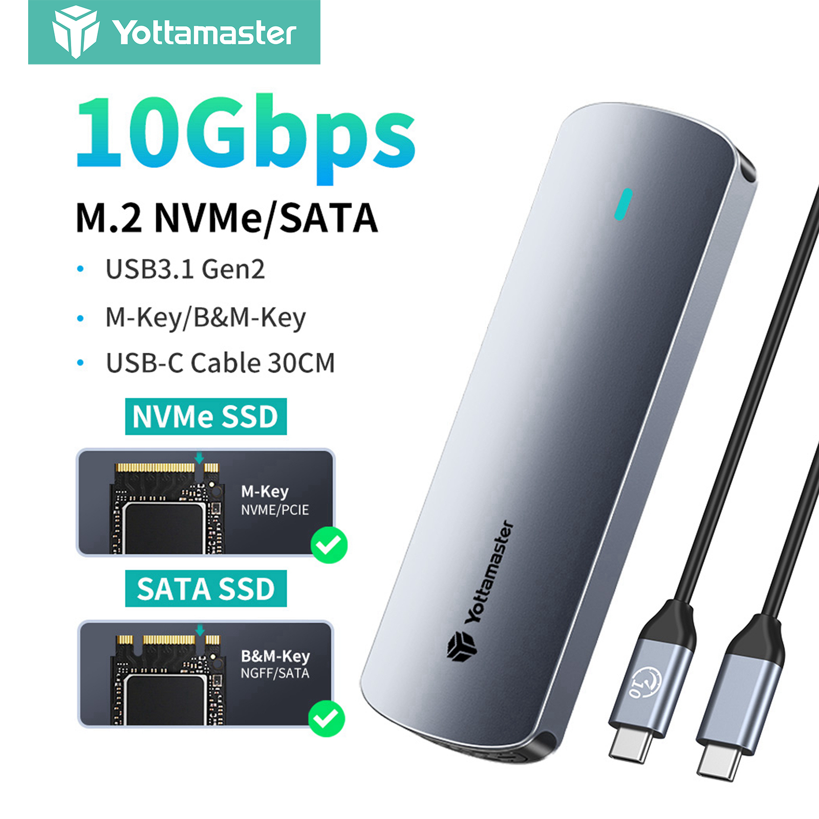 Yottamaster 10Gbps USB C M.2 NVME SATA SSD Enclosure support M and B&M Key 2230 2242 2260 2280 SSD External Case up to 4TB for Type C device ราคา 500 บาท*ส่งฟรี