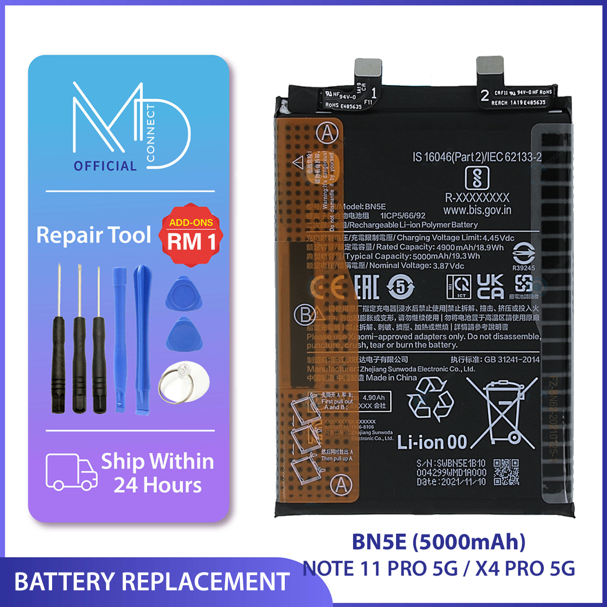 Batterie Xiaomi Redmi Note 11 Pro Plus 5G (BP47) + Outils De Remplacement - Neuf
