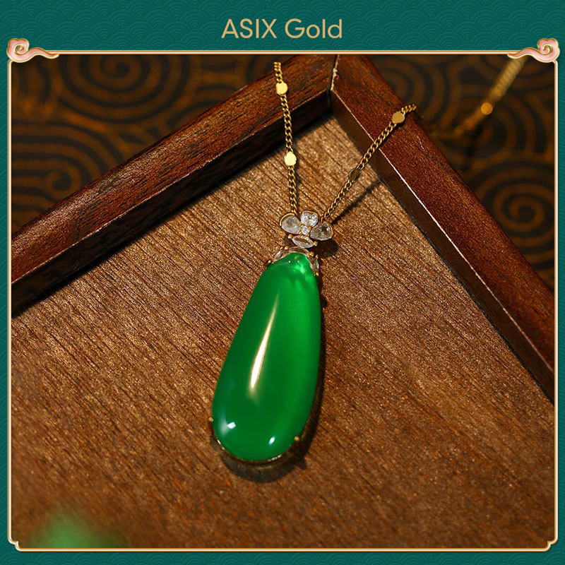 ASIX GOLD 18K Gold Plated Jadeite Pendant Women High Ice Style Emerald Green Water Drop Necklace Korean Fashion Luxury Gift for Mother ราคา 409 บาท*ส่งฟรี