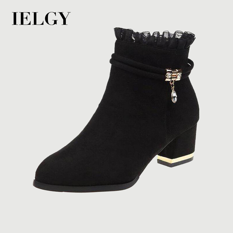 IELGY women's boots round toe waterproof platform side zipper thick heel short tube wear-resistant ราคา 570 บาท*ส่งฟรี