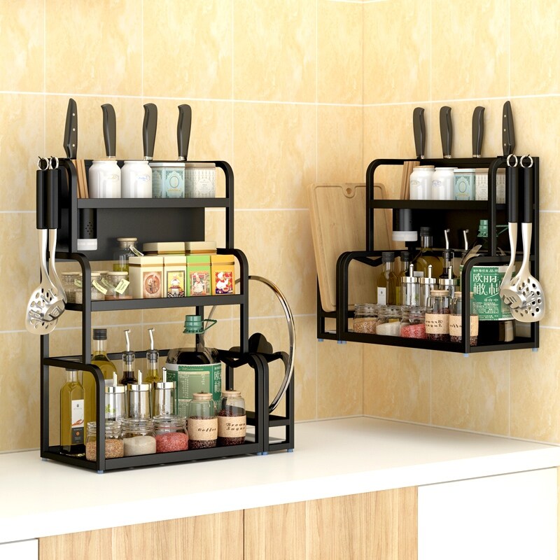 Gambar Black stainless steel kitchen shelf wall mounted condiment spice rack cutter suet salt sauce vinegar to receive goods