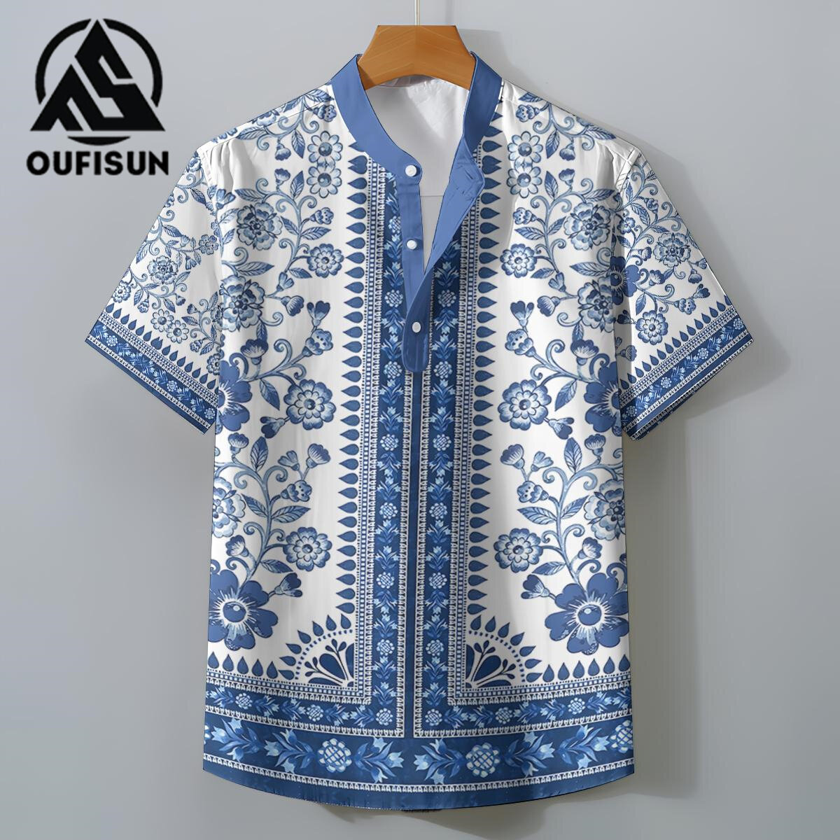 【Oufisun áo sơ mi Hawaii cho nam Áo ngắn tay ngoại cỡ ngắn áo có tay áo sơ mi Bohemian quần áo rộng đi nghỉ mát