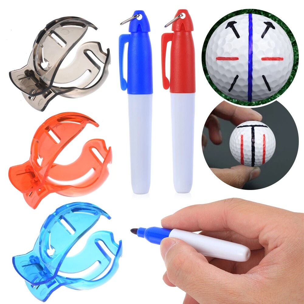 1 bộ dụng cụ đánh dấu kẹp dây bóng golf mới + 2 bút đánh dấu bộ căn chỉnh mẫu ba đường dụng cụ đánh dấu viền phụ kiện chơi gôn