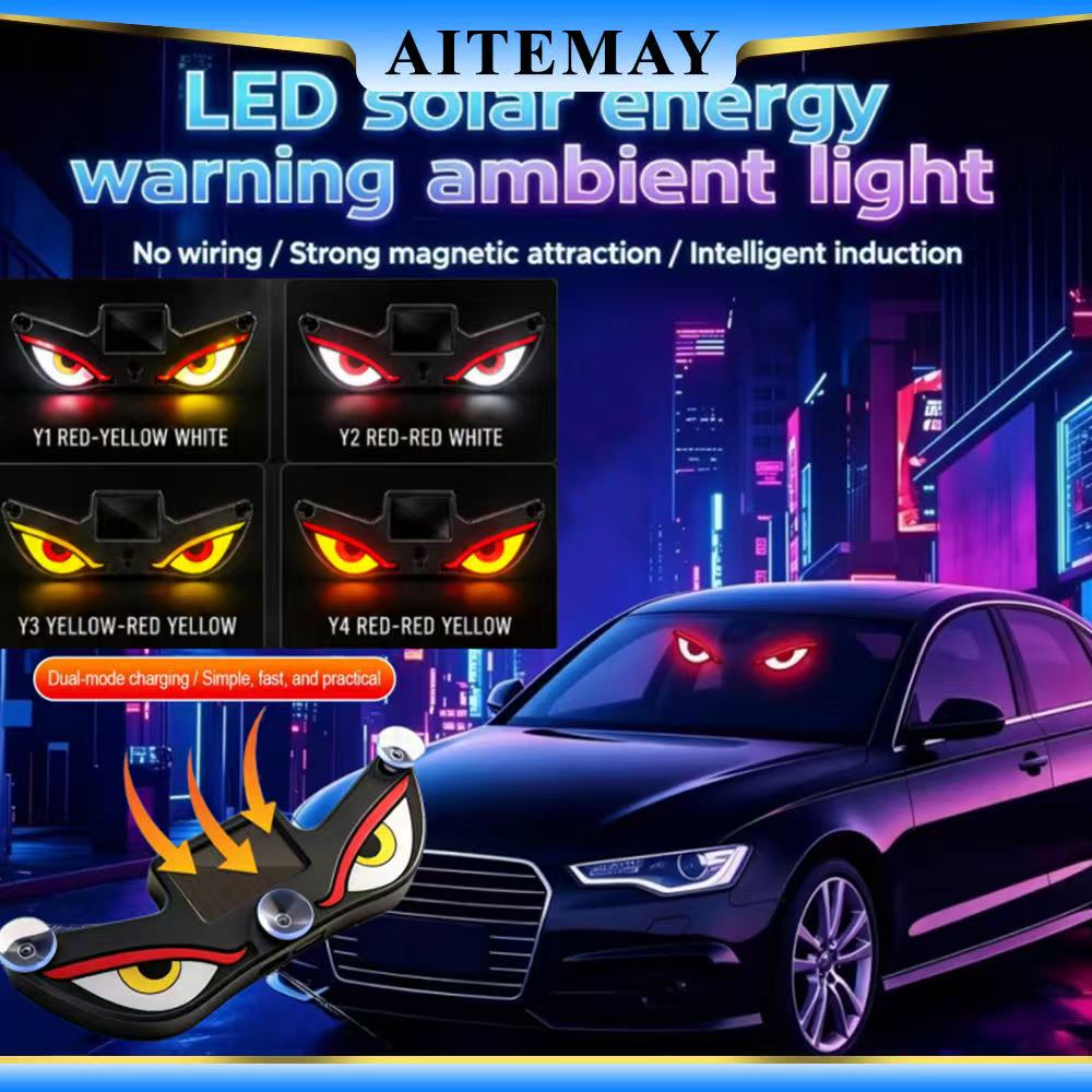 Aitemay 4PCS Solar Powered Demon Eye LED Car Light Wireless No Drill Waterproof USB Charging Warning Light Dynamic Blinking Devil Eye Ambient Light  for Car SUV, Truck Giá 117,256 Đồng*Miễn phí vận chuyển