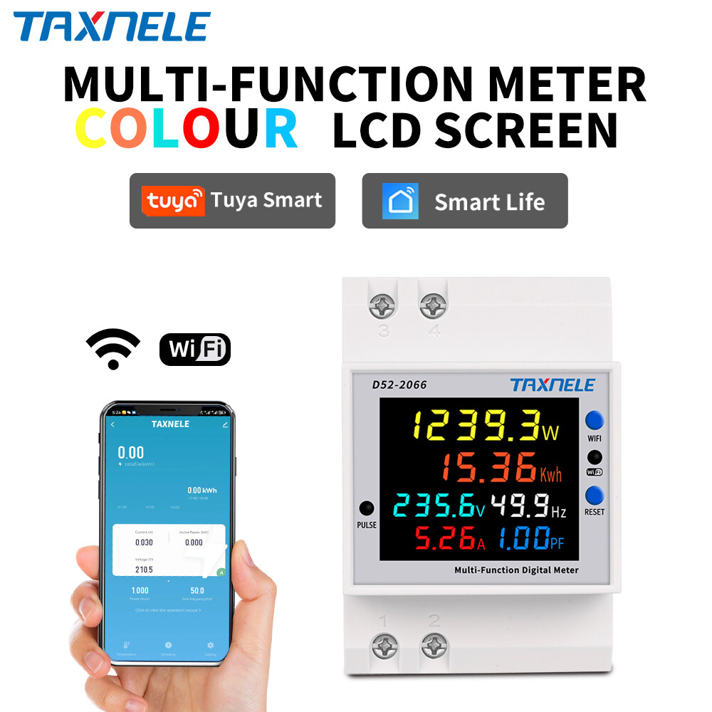 Tuya wifi màn hình từ xa 6in1 AC 110V 220V 100A dòng điện áp hệ số công suất kWh Điện năng lượng máy đo tần số D52-2066