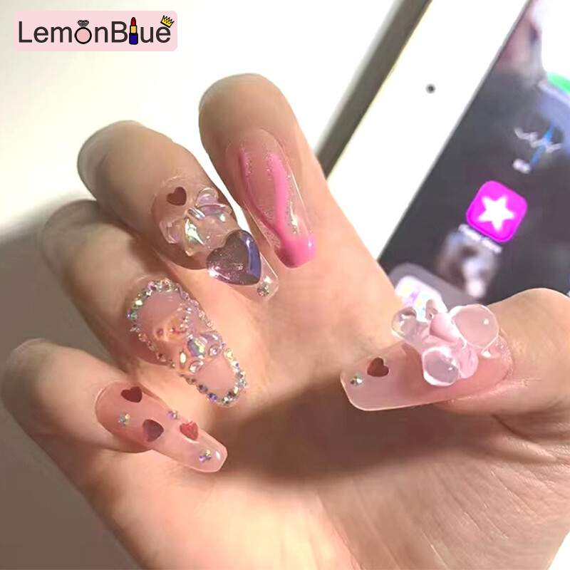 Gambar LemonBlue 24PCS Long Pink Press on Nails Cute Clear Bear   Heart Design Fake Nails Full Coverage Artificial for Women   Girls