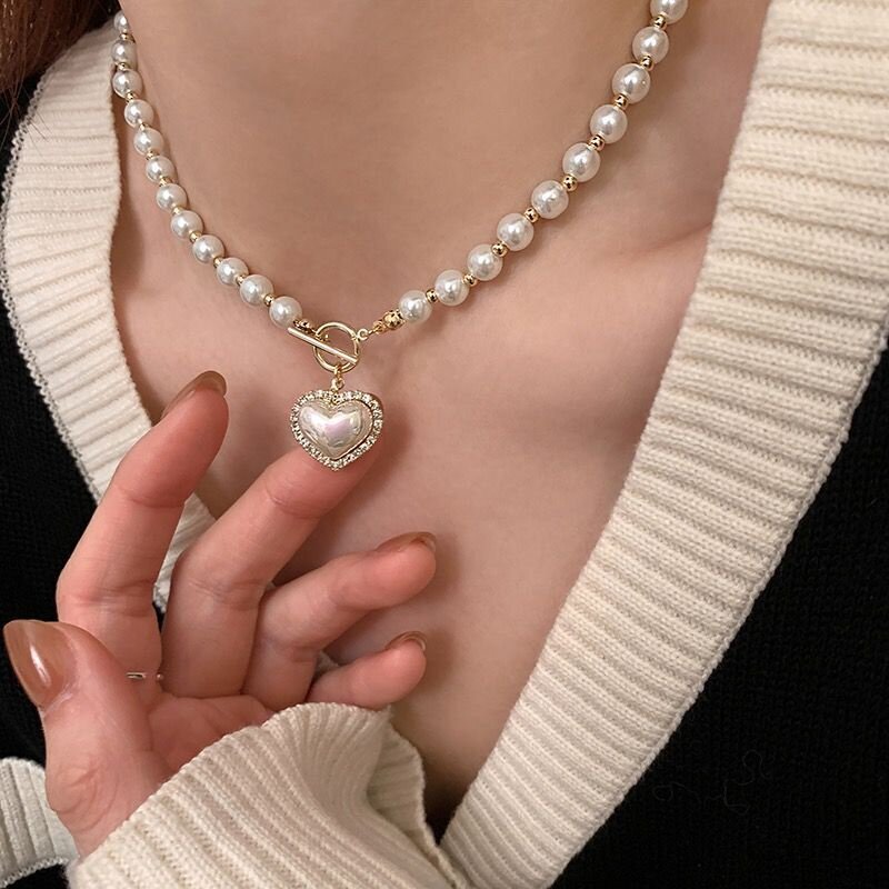 Trendy Rhinestone Pearl Love Heart Pendant Necklace for Women Temperament Charm  Necklace  Personality Party Gifts Jewelry Accessories