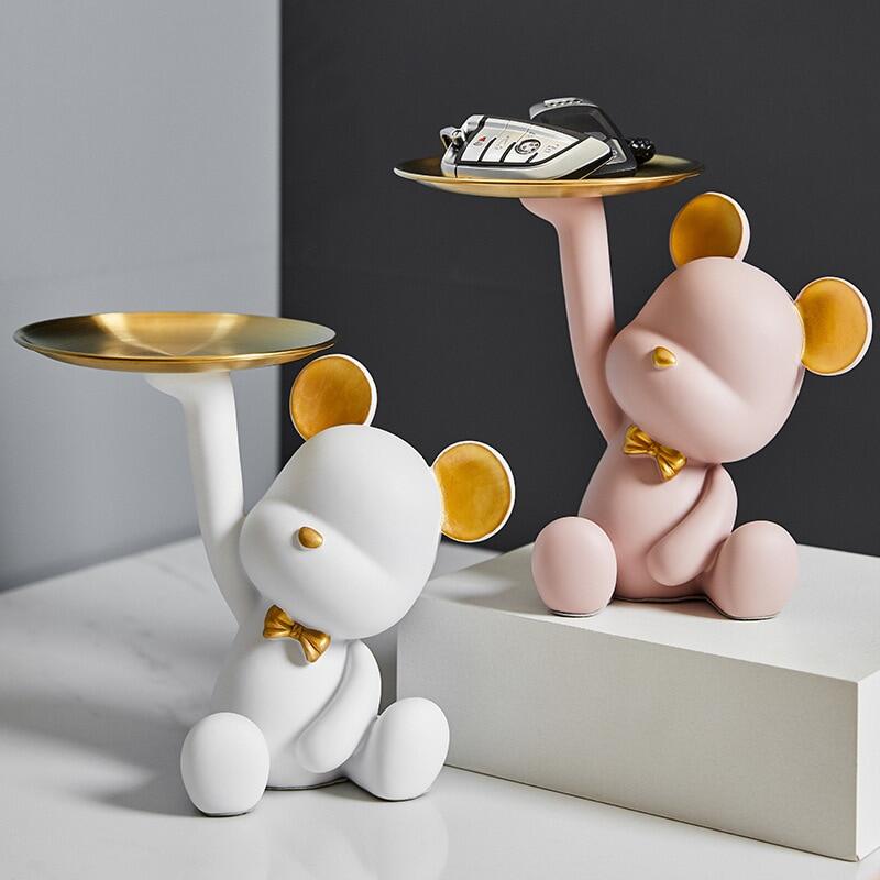 Gambar Entrance Key Storage Tray Creative Bear Doll Mobile Phone Bracket Modern Resin Sculpture Living Room Table Decoration Gift