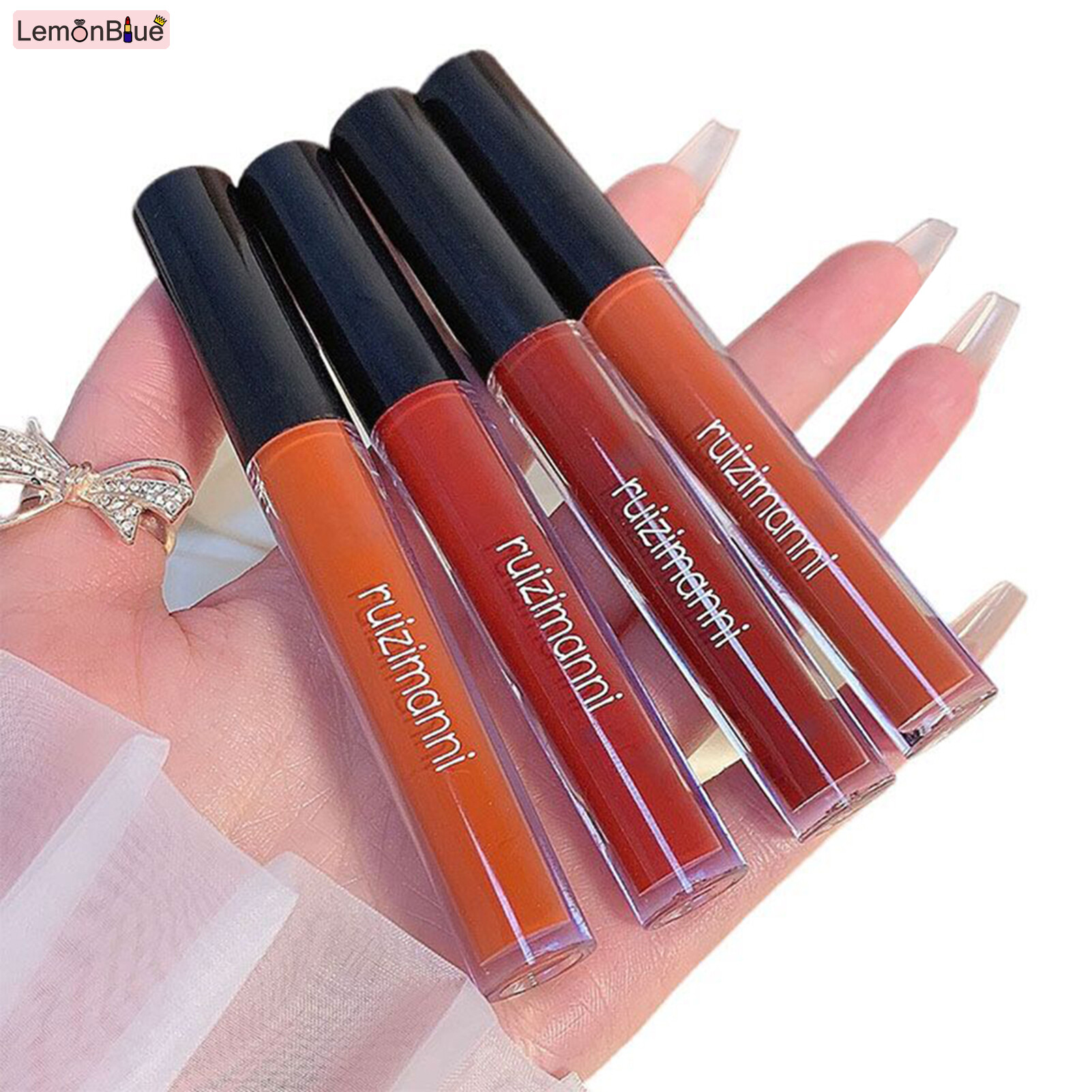 Gambar LemonBlue 4Pcs Velvet Lip Glaze Matte Lip Gloss Liquid Lip Stick for Student Girls Women Portable Lipstick Set Lip Makeup Longlasting Waterproof