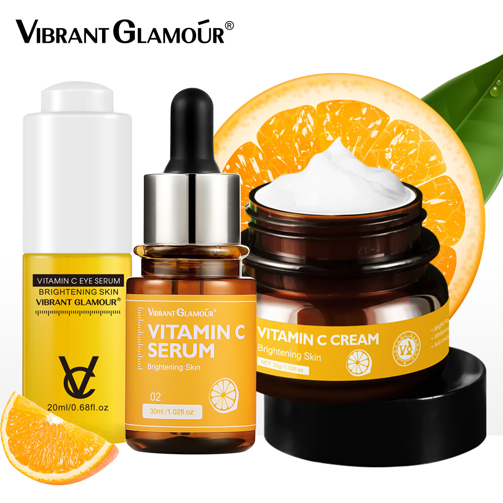 Gambar VIBRANT GLAMOUR Vitamin C VC Whitening  Brightening and Fading Dark Spots Collagen Moisturizing Cream Serum Beauty Products Repair Skincare Set 3PCS