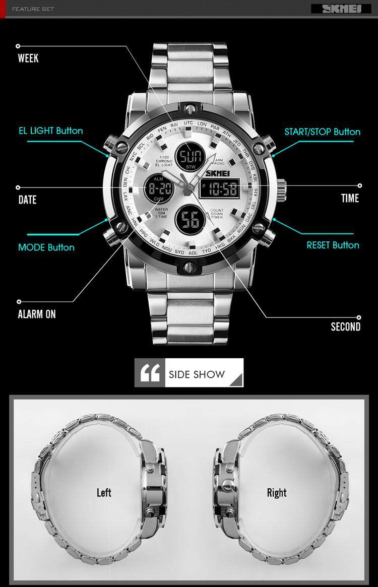 ภาพประกอบของ SKMEI ผู้ชาย 1389 นาฬิกาอเนกประสงค์ TOP L ยี่ห้อผู้ชายสแตนเลสแฟชั่น LED โครโนกราฟดิจิตอลผู้ชายกีฬานาฬิกาควอตซ์กันน้ำทหารผู้ชายแบบ Dual Display นาฬิกา