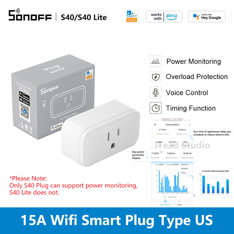 ITEAD SONOFF S40 / S40 Lite Phích cắm thông minh Hoa Kỳ Phích cắm thông minh Wifi Ổ cắm thông minh không dây Ổ cắm thông minh giám sát năng lượng Phích cắm điều khiển ứng dụng eWeLink Phích cắm điều khiển bằng giọng nói Công tắc nhà thông minh