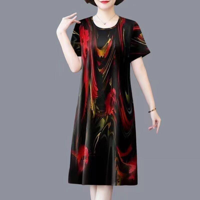 【】 Đầm được in hình mẹ trung niên và cao tuổi Váy Chiều dài trung bình cao cấp che bụng áo ngắn tay ống rộng ngoại cỡ Mới Mùa Hè 2023