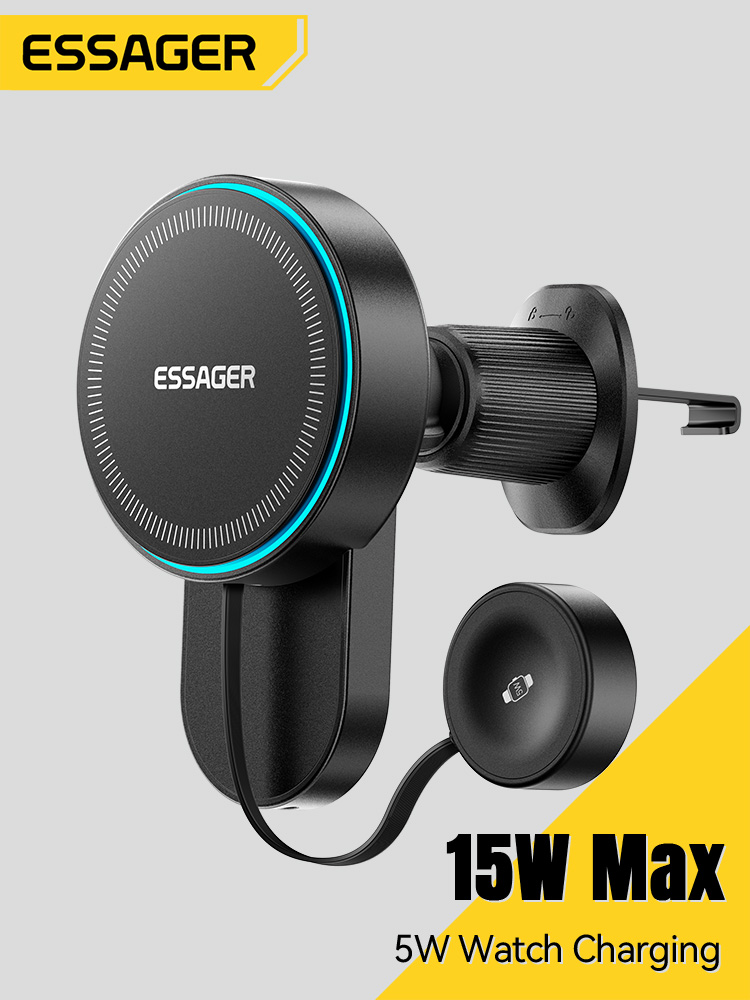 Essager 2-in-1 15W Phone+Watch Car Wireless Charging Car Mount Bracket Wireless Mag-netic Mounts Air outlet Phone Holder Stand Built-in Watch Charge Extension Cord Cable Car Holder Fast Charging Wireless Charger For iPhone17 16 15 iWatch Apple Watch Giá 900,221 Đồng*Miễn phí vận chuyển