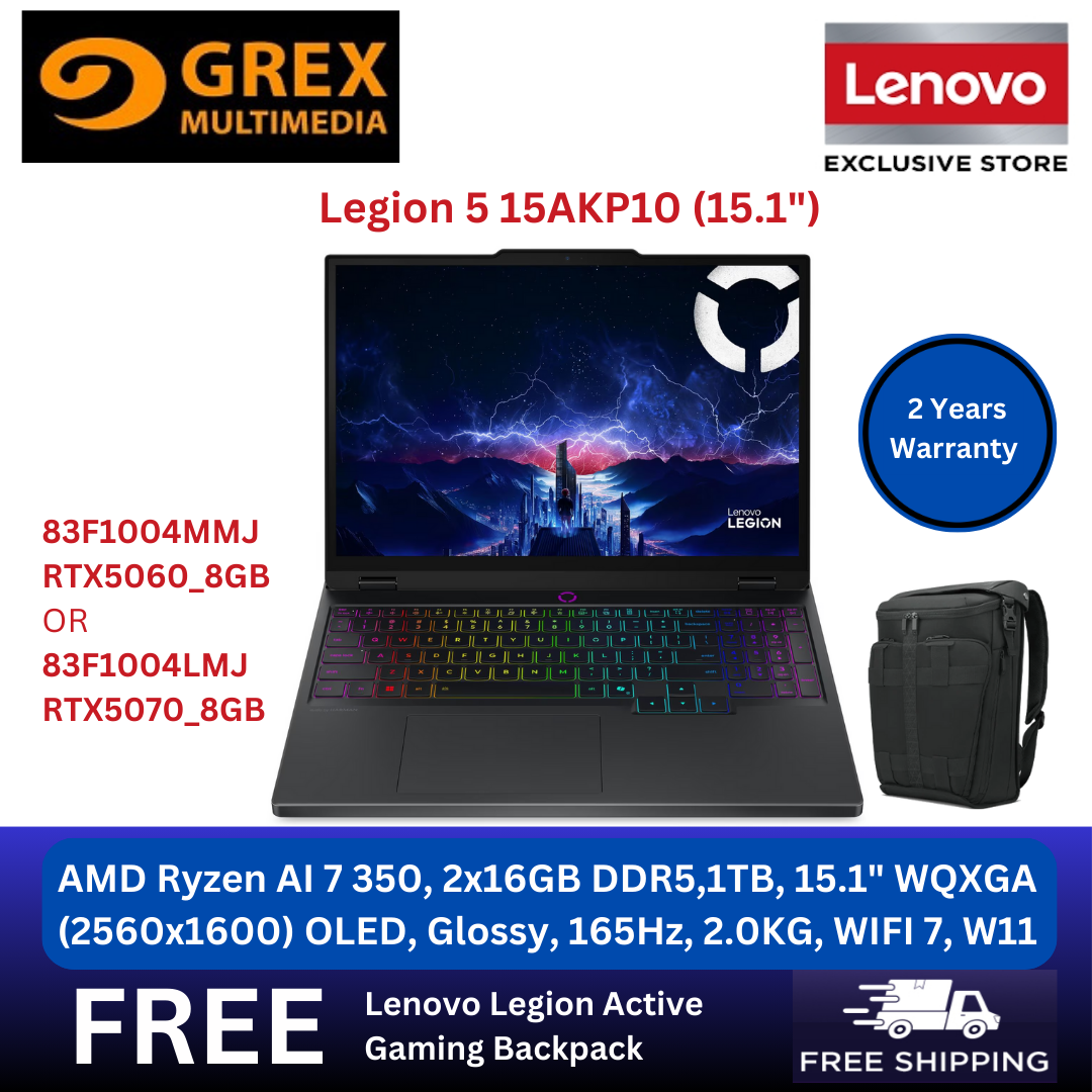 LENOVO LEGION 5 15AKP10 83F1004MMJ RTX5060_8GB OR 83F1004LMJ RTX5070_8GB Eclipse Black Gaming Laptop (AMD Ryzen AI 7 350, 2x16GB DDR5,1TB, 15.1" WQXGA (2560x1600) OLED, Glossy, 165Hz, 2.0KG, WIFI 7, W