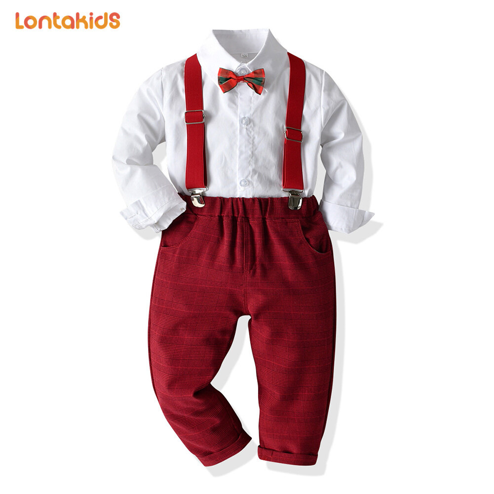 Lontakids áo sơ mi dài tay cho bé trai trẻ mới biết đi có nơ + quần dây đeo bộ quần áo trang phục giáng sinh sinh sinh nhật đám cưới trang phục lịch sự quý ông