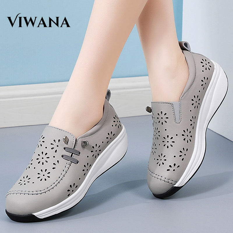 VIWANA Wedges Shoes For Women Genuine Leather Casual Slip On Shoes 2023