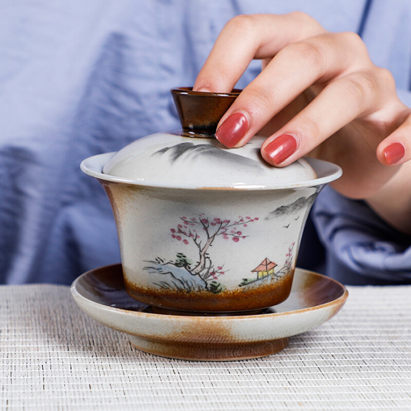 Gambar 140ML Ceramic Tureen Porcelain Tea Bowl Cover Lid Saucer Set Mountain Landscape Gaiwan Kung Fu Tea Antique Teaware Teacup Teaset