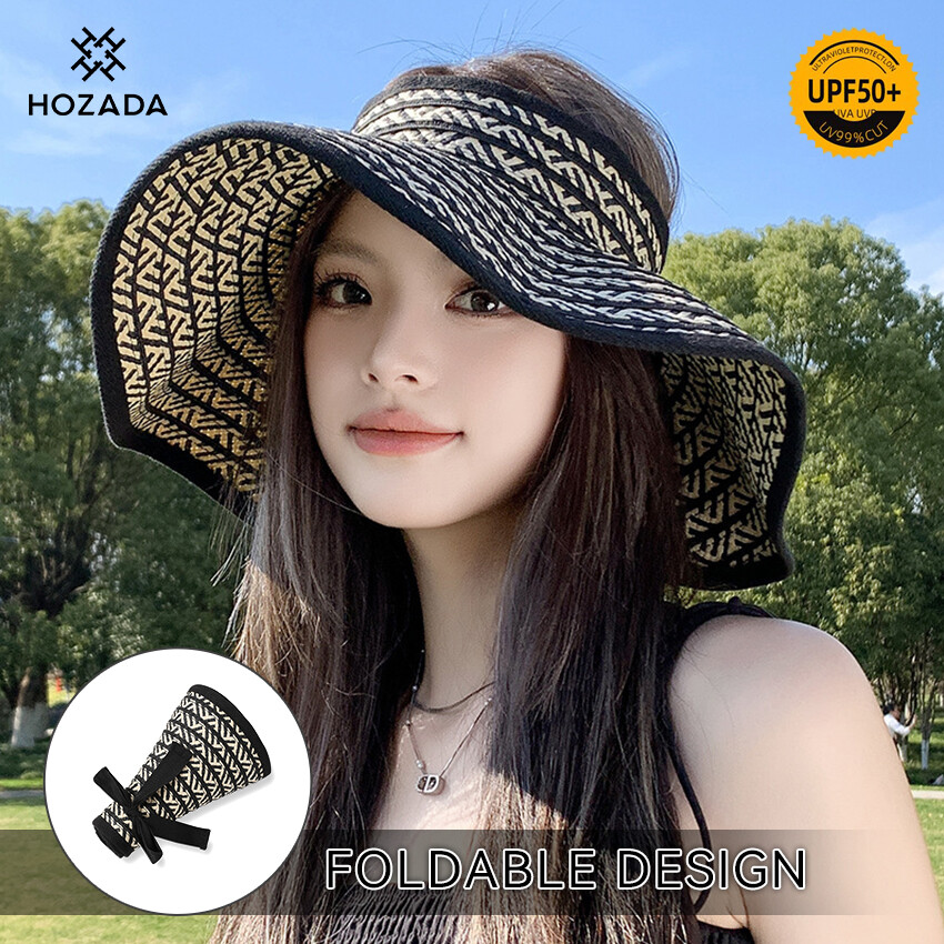 HOZADA Women Sun Cap Sun Shade Hat Foldable Empty Top Hat Casual Knitted Sun Hats Portable Beach Cap Large Brim Cap Sun Protection Cap UV Protection Straw Hats With Windproof Rope for Outdoor Travel ราคา 168 บาท*ส่งฟรี