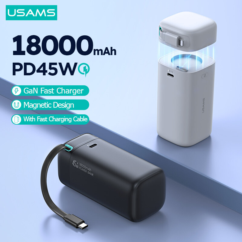 USAMS Power Bank 45W 18000mAh Type C PD Fast Charge Powerbank with Retractable Cable External Portable Phone Charger