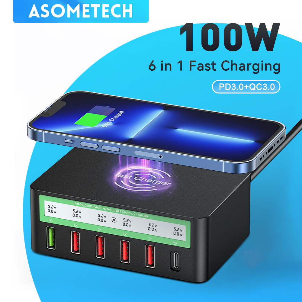 ASOMETECH 100W sạc USB đa năng sạc nhanh 3.0 PD không dây sạc USB C sạc nhanh cho iPhone 14 13 Xiaomi Samsung