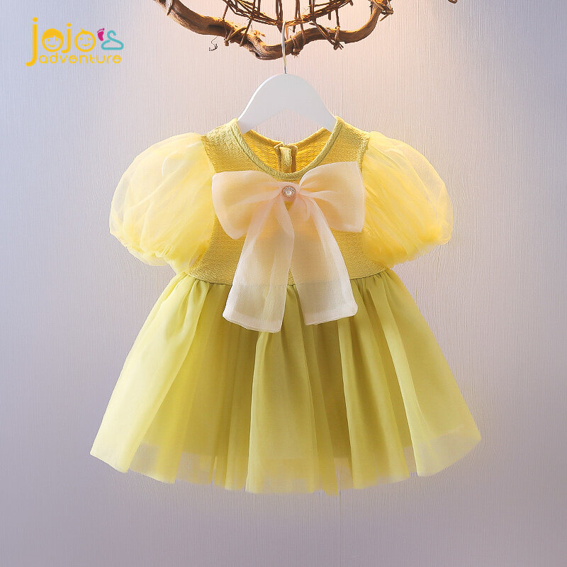 JoJo Phiêu Lưu Girls 'New 2022 Mùa Hè Ăn Mặc Bow Tie Ngắn Tay Áo Đầm Voan Puff Tay Áo Tutu Công Chúa Váy Lady Hàn Quốc Phiên Bản Thời Trang Váy 0-4 Năm Tuổi Vàng/Tím