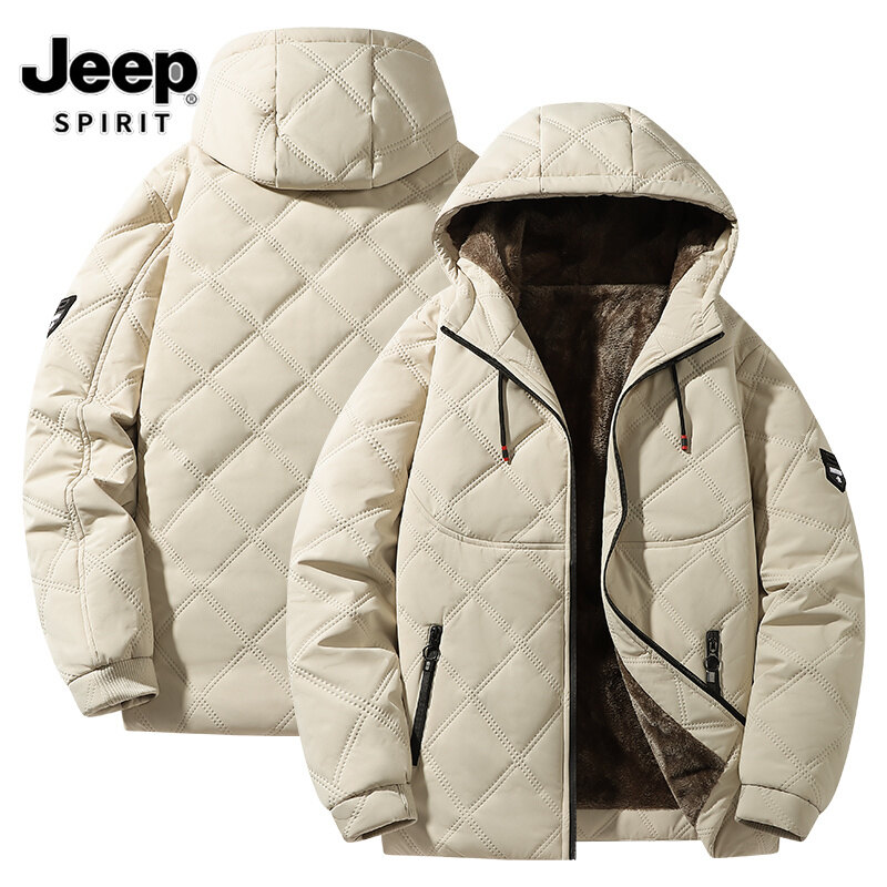  Jeep Spirit 1941 estd Áo khoác bông mùa đông lông cừu lót nhung 2025 trùm đầu Cotton-Áo Khoác Chần Bông Nam Mùa Đông lông cừu lót nam giản dị 