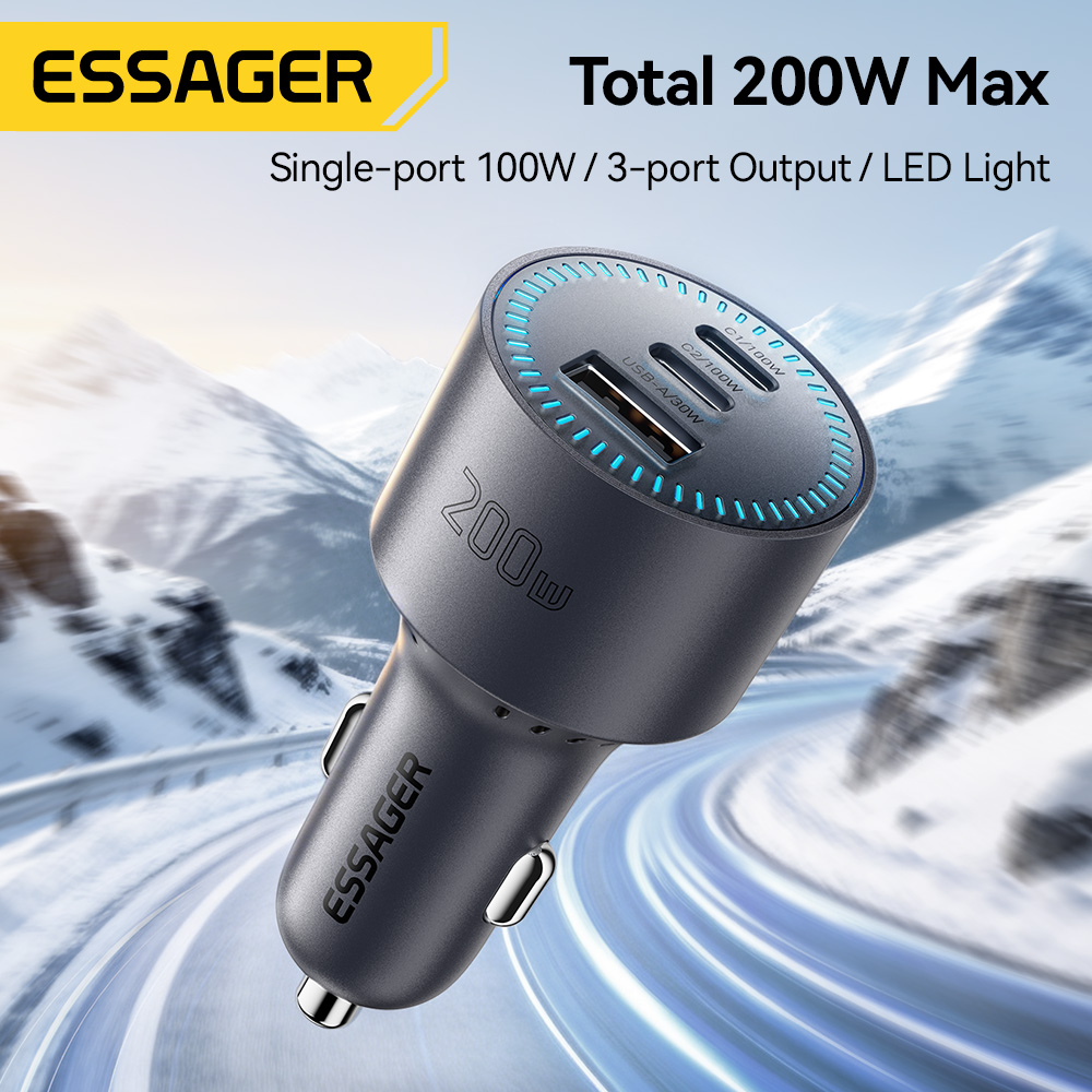 Essager 200W 2C+A 3-Ports Car Charger PD3.0/QC4.0 Fast Charging USB-A+Type-C Quick Charge Type C Car Chargers For Macbook pro iPad iPhone17 16 15 Huawei Samsung Xiaomi Switch Laptop Tablet iWatch Giá 674,400 Đồng*Miễn phí vận chuyển