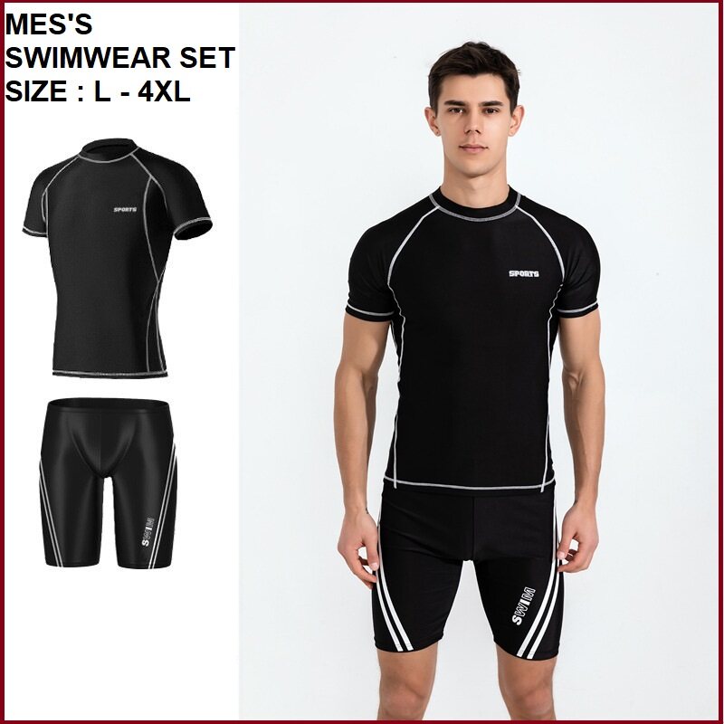 New 2 Pieces Men Surf Swimming Suit Top + Shorts Pants Trunks Sport Set SwimWear Baju Renang Lelaki Muslim