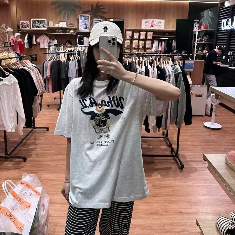  Whoau phong cách Hàn Quốc Gấu Bông Dễ Thương Áo ngắn tay in hình áo phông dành cho nam và nữ 