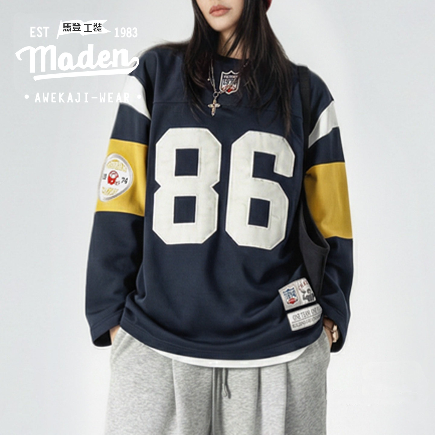 MADEN brand Women's American Retro Football Oversized Pullover Sweatshirt Unique Embroidery Mid-Length Thickened Warm Autumn Winter Outerwear ราคา 3,907 บาท*ส่งฟรี