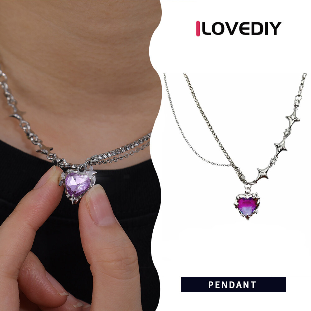 [ILOVEDIY] S925 Sterling Silver Sweet Cool Y2k Pink Diamond Gradient Love Ins Female Necklace Niche High-End Design Clavicle Chain