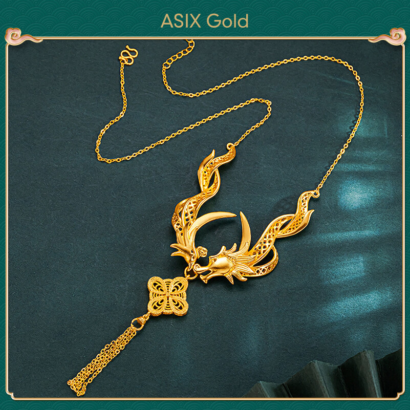 ASIX GOLD 916 gold dragon and phoenix auspicious set of women's necklace 18K gold retro Chinese style high-end design fashion and exquisite necklace Lucky necklace Won't blacken Won't peel Wedding holiday New Year's gifts ราคา 303 บาท*ส่งฟรี