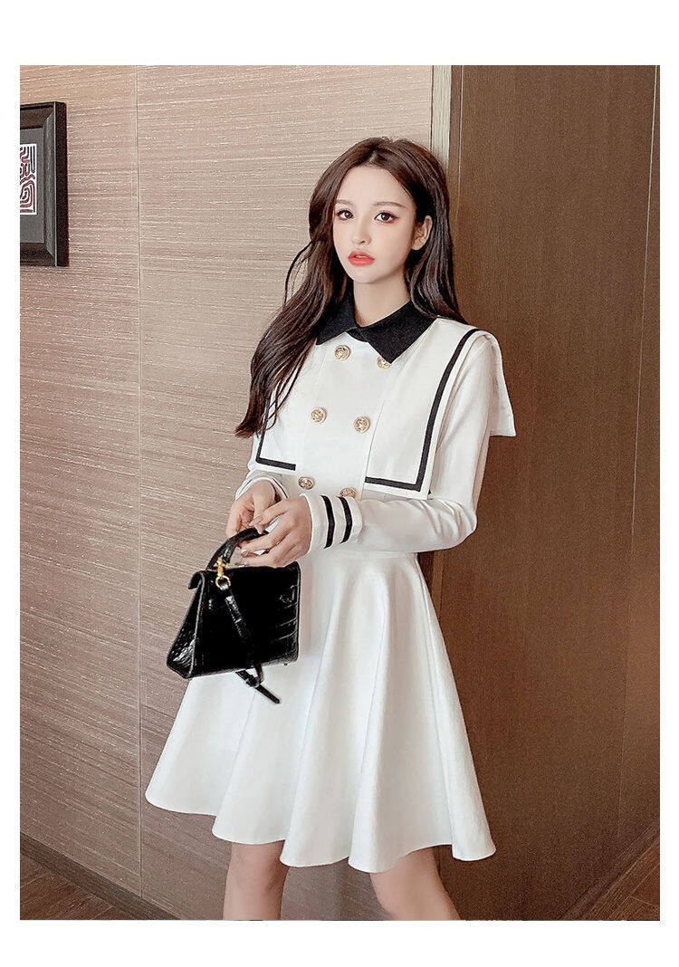 Navy style dress for women 2021 Spring and Autumn new small waist-tight temperament contrast color college style long sleeve A- line dress