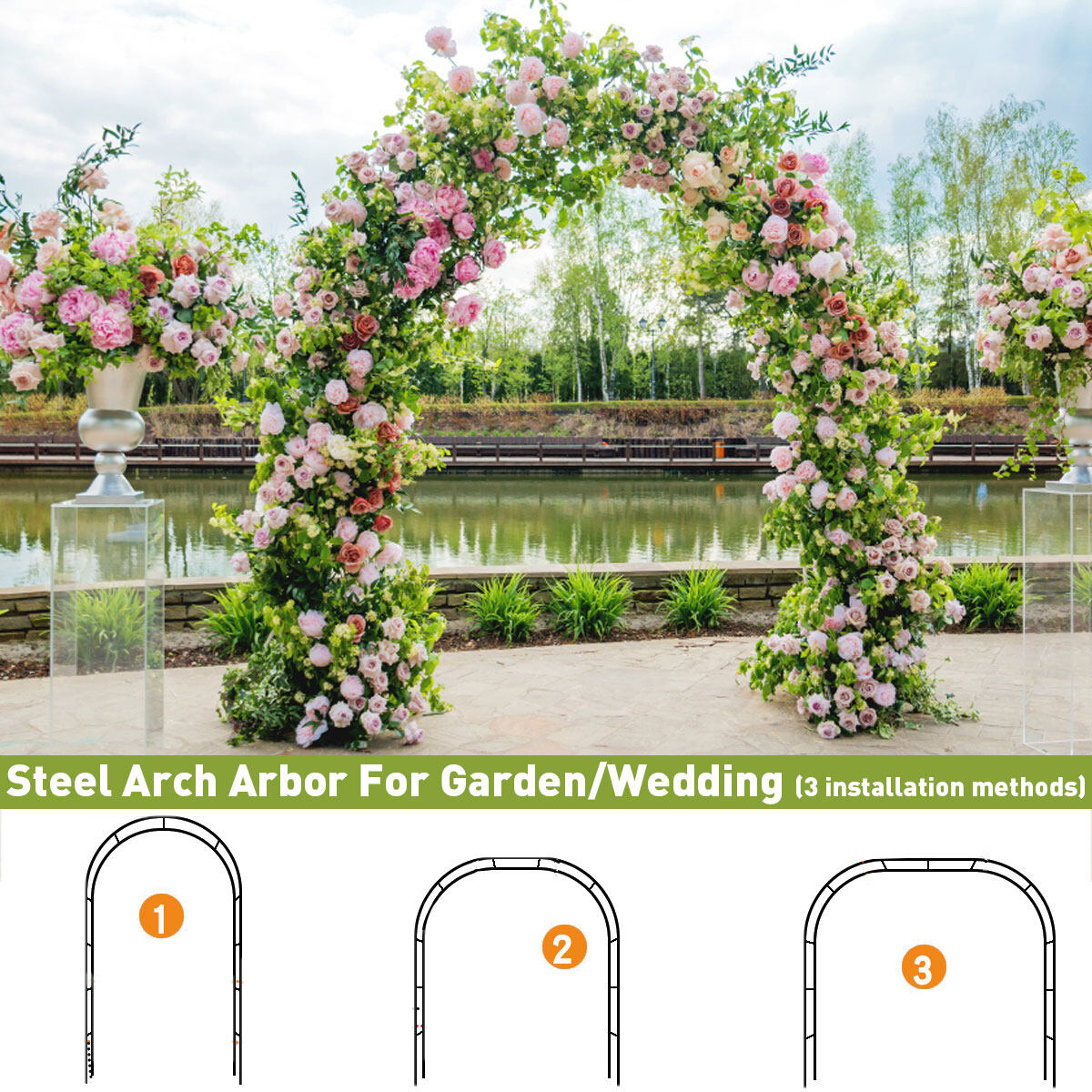 Metal Garden Arbor Wedding Arch 76.8 inch H x 90.5 inch W 94.5 inch H x 55 inch W Assemble Freely 2 Sizes for Various Climbing Plant Roses Vines Bridal Party Decoration Pergola Arbor White 