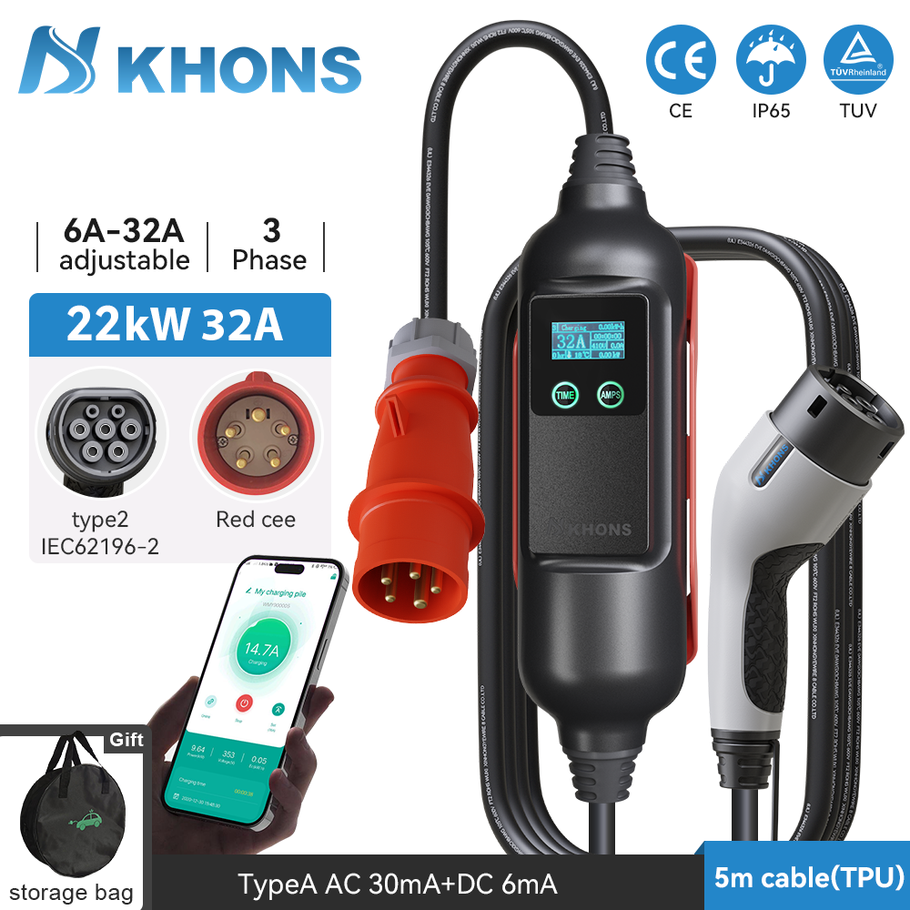 KHONS Mobile Wallbox 22KW, Type 2 Charging Cable with CEE Plug, 6 Meters | 32A | 22KW | 3-Phase, Wi-Fi & Wireless App Control, Portable EV Charger and Mobile Wallbox Charging Station for IEC 62196-2, Including a Carrying Bag & Microfiber Cleaning Cloth ราคา 13,390 บาท*ส่งฟรี