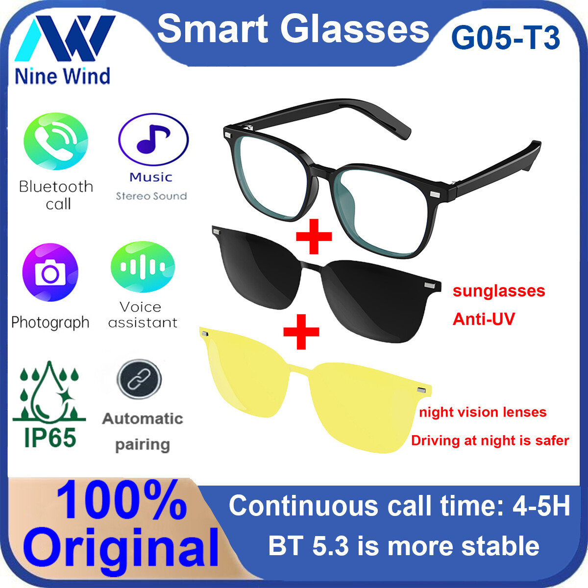 Kính âm thanh Bluetooth thông minh G05-T3 từ tính không dây đa chức năng Kính râm lái xe gọi nhạc đi xe đạp phân cực chống Đèn xanh dương kính thời trang