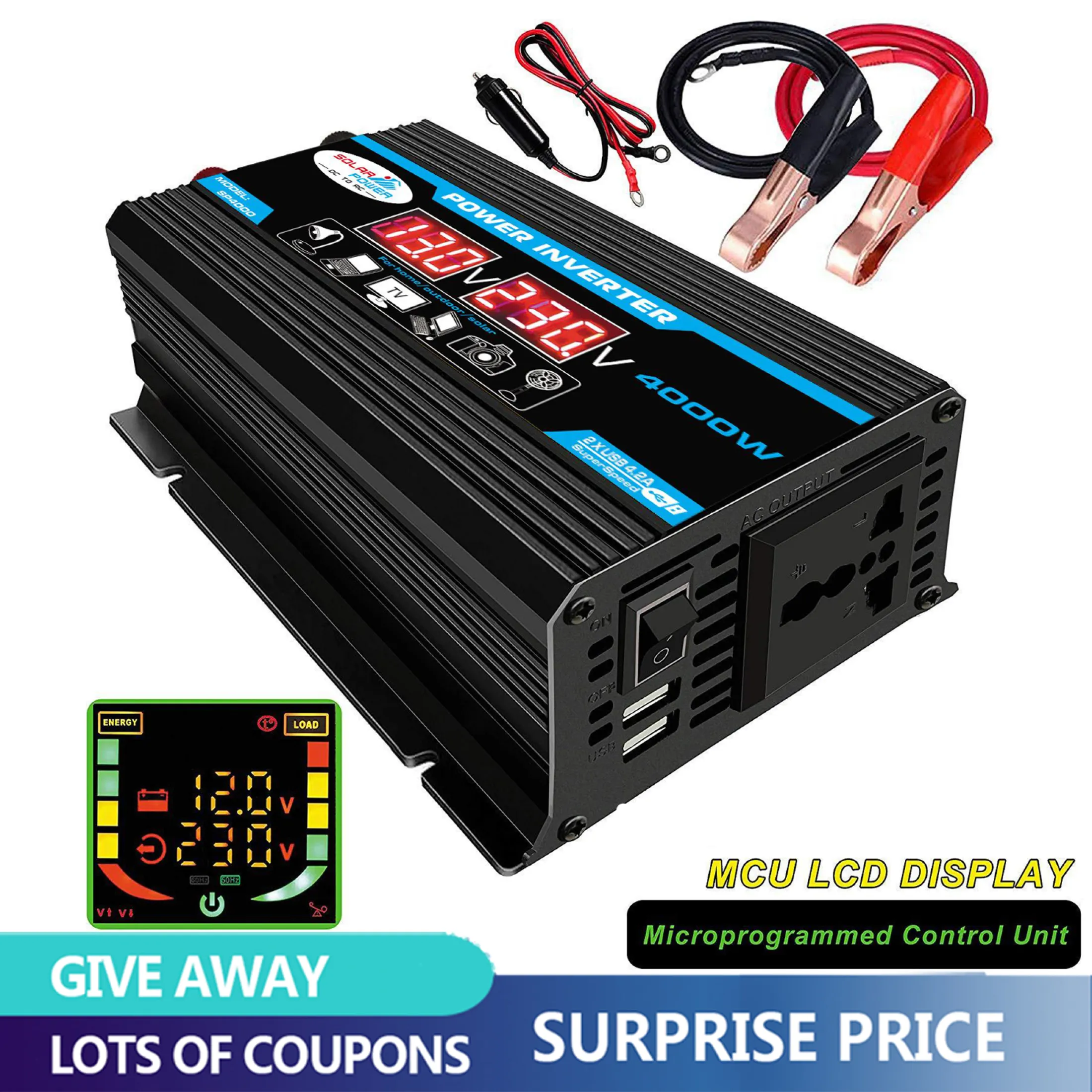 Bochang 4000w Lcd 2 Usb Dc 12v 24v To Ac 110v 2v Car Solar Power Inverters Converter 12 2v Lazada Ph