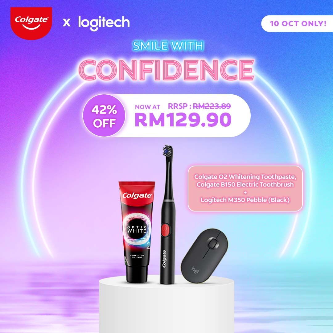 Gambar [Colgate x Logitech] Smile With Confidence Bundle   Colgate Optic White O2 Oxygen Whitening Toothpaste 85g + Colgate B150 Electric Toothbrush + Logitech M350 Pebble Mouse (Black)