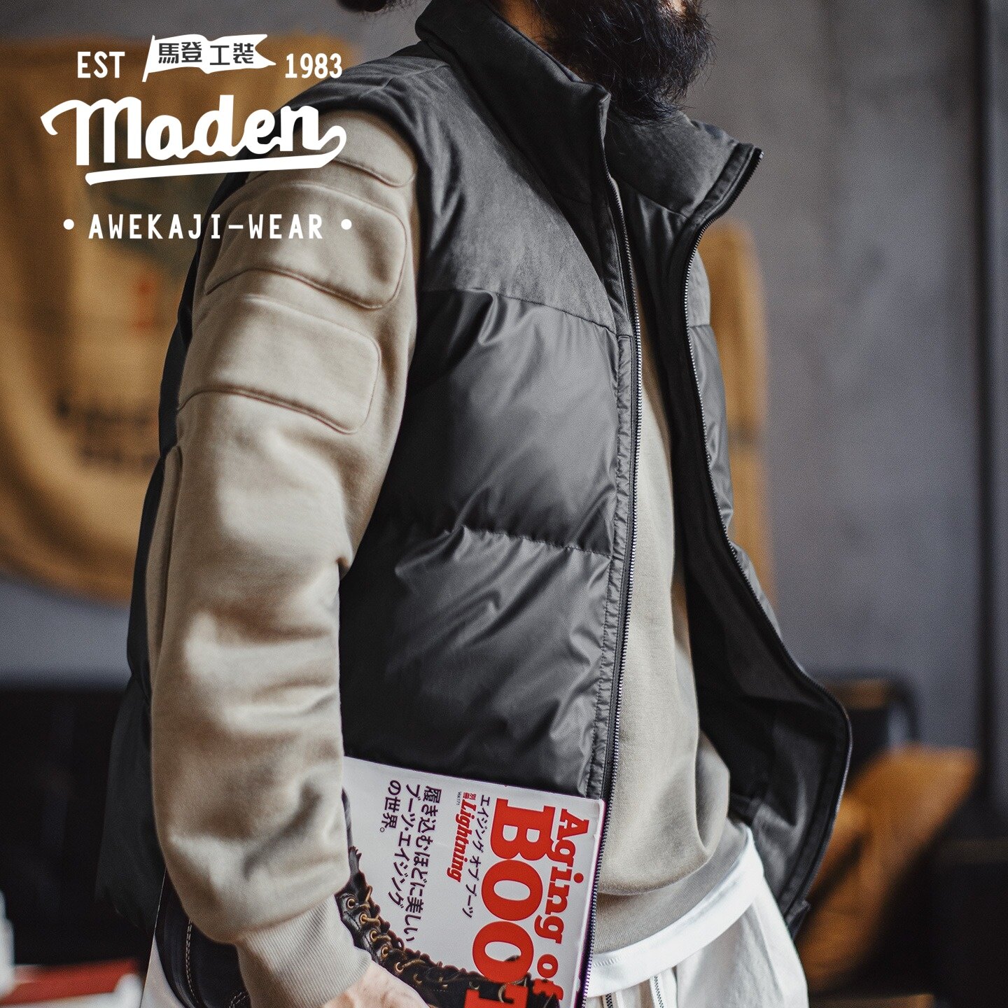 MADEN  Thương Hiệu Mỹ Ngoài Trời Kẹp Ấm Cotton Vest, Đen Leo Núi Phong Cách cổ đứng áo vest sát nách Người Đàn Ông Của Mùa Thu