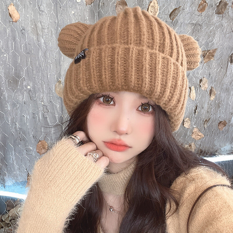 Mũ len dệt kim cho nữ mũ ấm tai gấu dễ thương mũ vá chữ