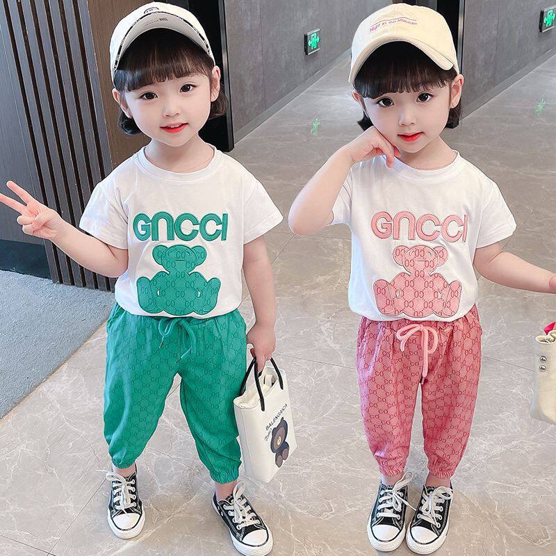 2023 New Summer Girls Clothes Sets Teenage Korea Style Panda Plaid T