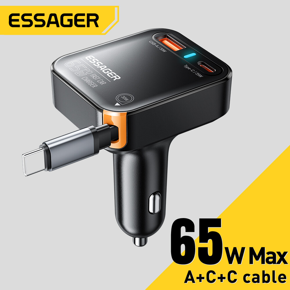 Essager 65W sạc điện dùng trên xe hơi với Cáp Typec có thể thu vào cổng kép sạc nhanh tương thích vớ