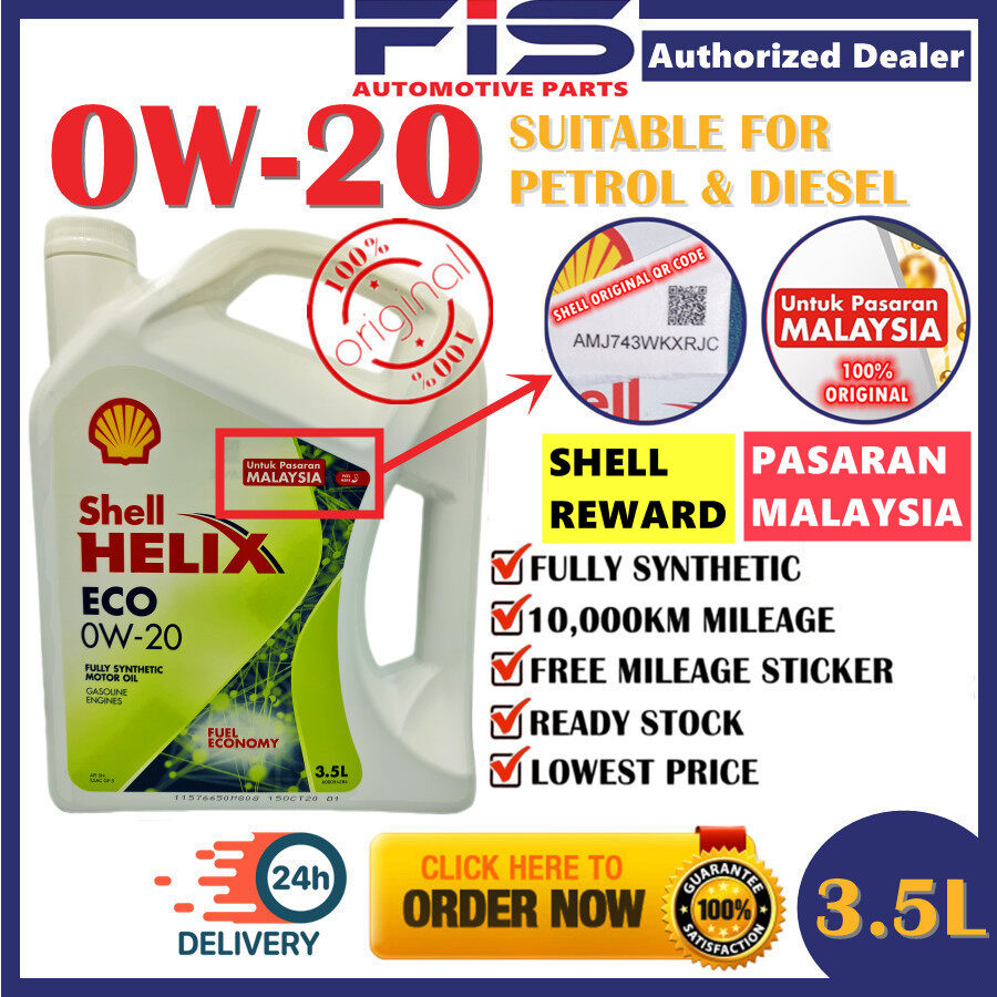 FIS Engine Oil Shell Helix Eco 0W20 3.5Liter Lubricant API SN ILSAC GF5 Fully Synthetic For